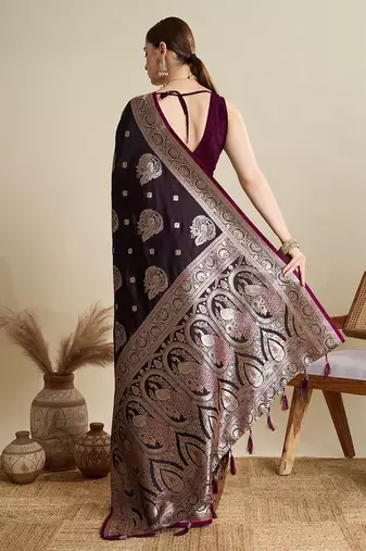 purple satin printed saree with blouse
