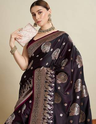 purple satin printed saree with blouse 4