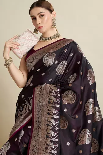 purple satin printed saree with blouse