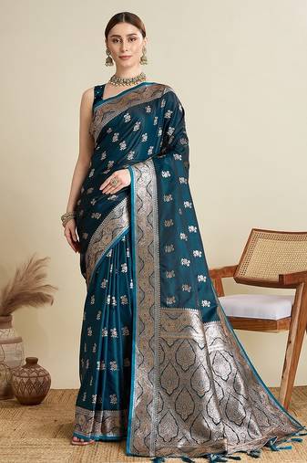 blue satin printed saree with blouse