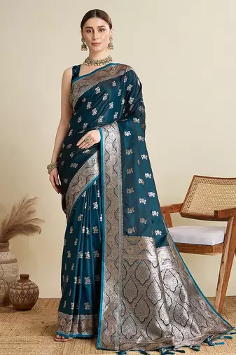 blue satin printed saree with blouse