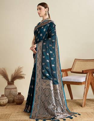 blue satin printed saree with blouse 2