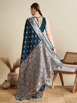 blue satin printed saree with blouse 3