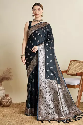 dark blue satin printed saree with blouse