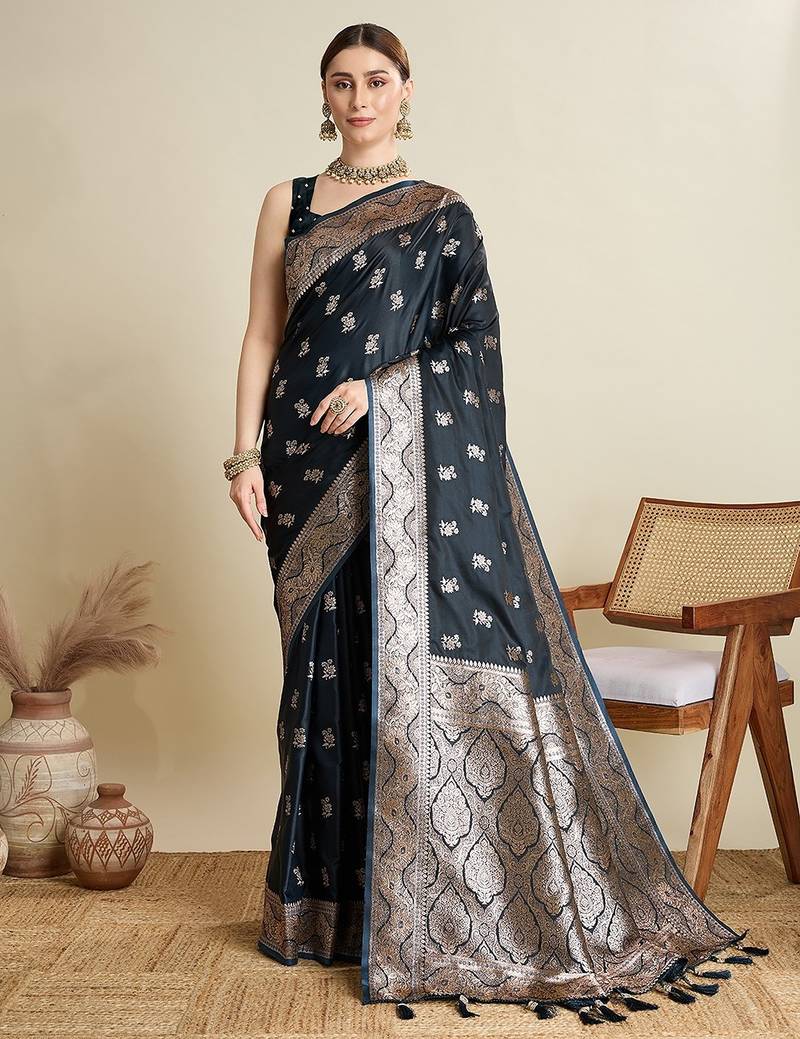 dark blue satin printed saree with blouse