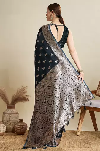 dark blue satin printed saree with blouse