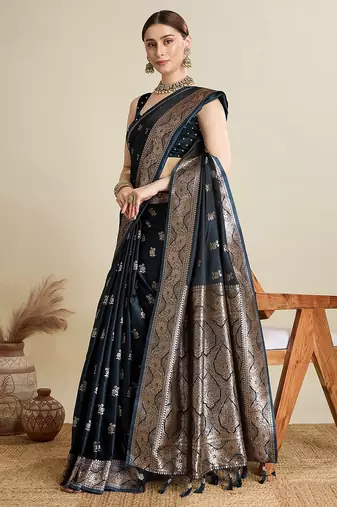 dark blue satin printed saree with blouse