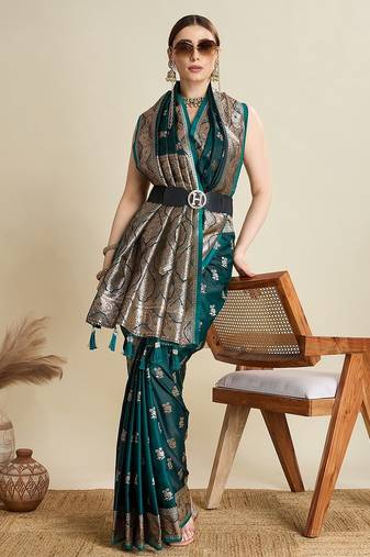 green satin printed saree with blouse