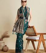 green satin printed saree with blouse