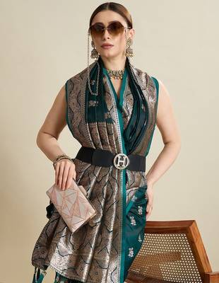 green satin printed saree with blouse 2