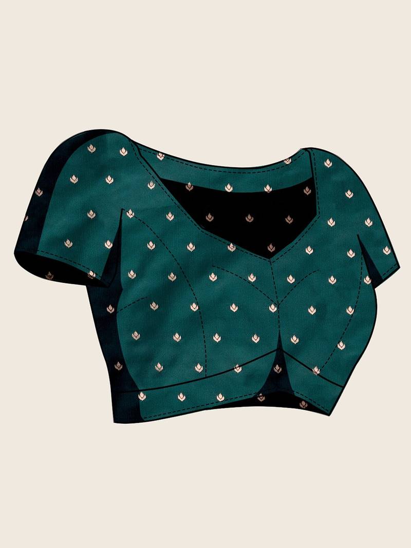 green satin printed saree with blouse