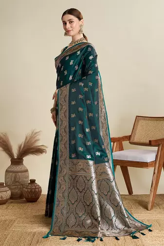 green satin printed saree with blouse