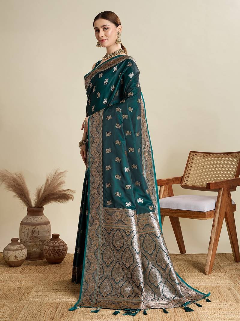 green satin printed saree with blouse