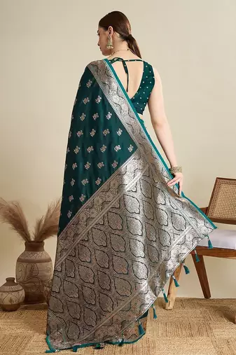 green satin printed saree with blouse