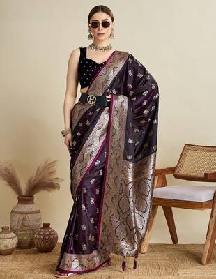 purple satin printed saree with blouse 1