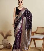 purple satin printed saree with blouse