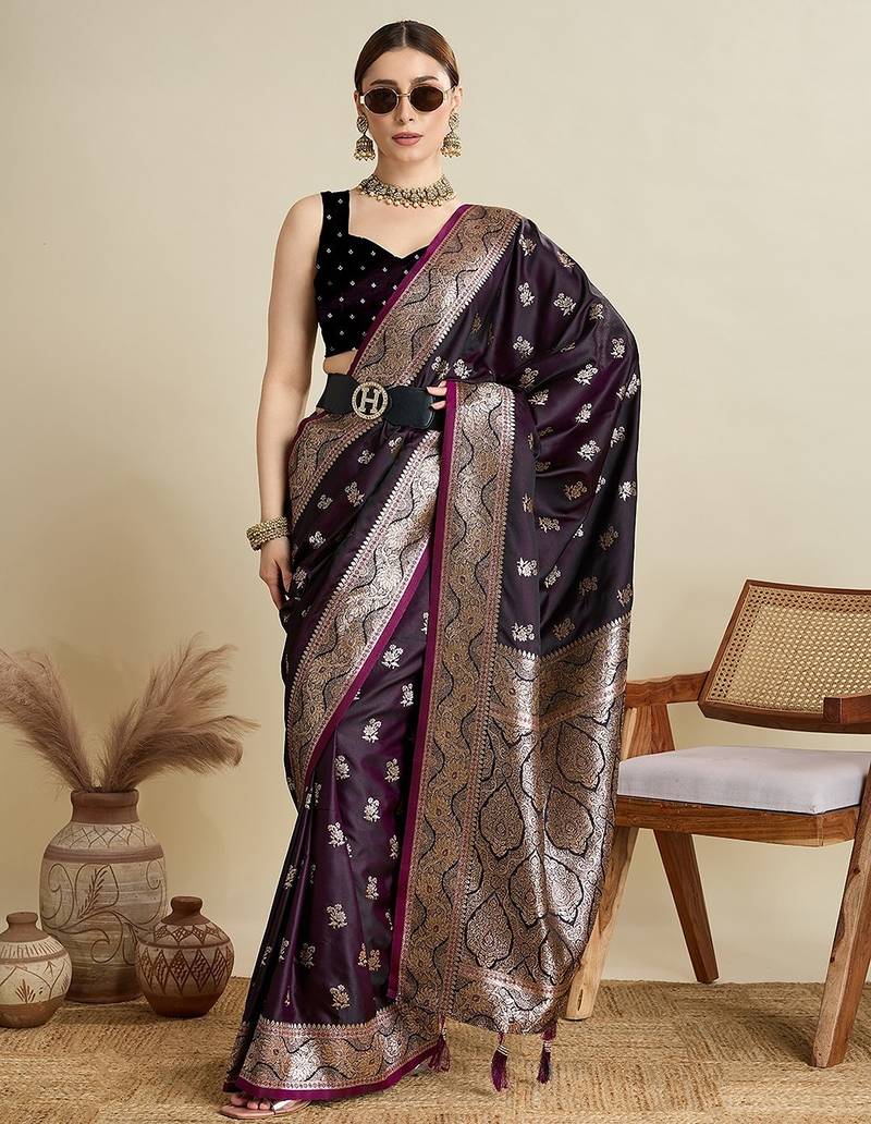 purple satin printed saree with blouse