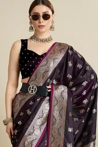 purple satin printed saree with blouse