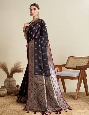 purple satin printed saree with blouse 4