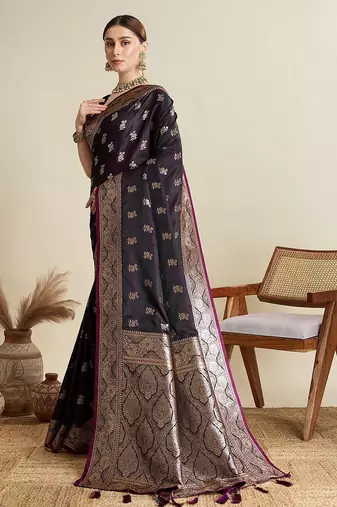 purple satin printed saree with blouse