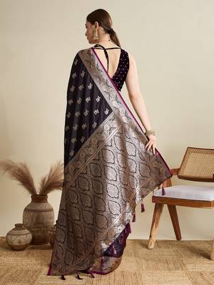 purple satin printed saree with blouse 5