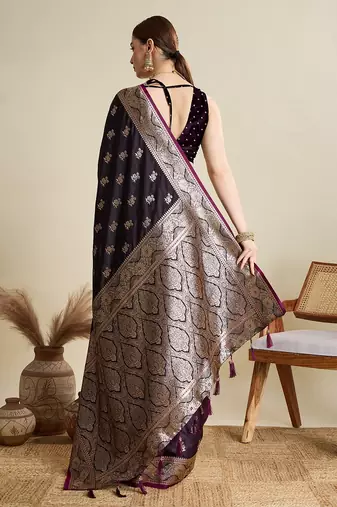 purple satin printed saree with blouse