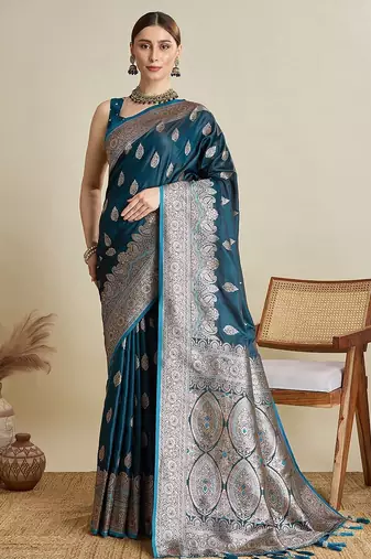 blue satin printed saree with blouse