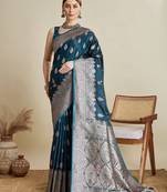 blue satin printed saree with blouse