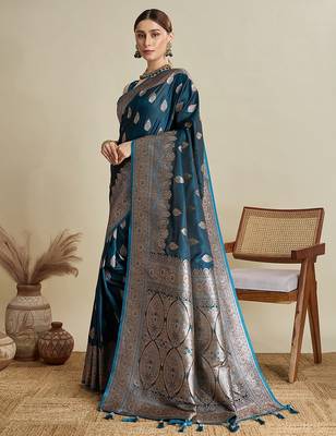 blue satin printed saree with blouse 2