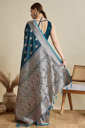 blue satin printed saree with blouse