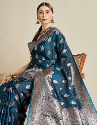 blue satin printed saree with blouse 4
