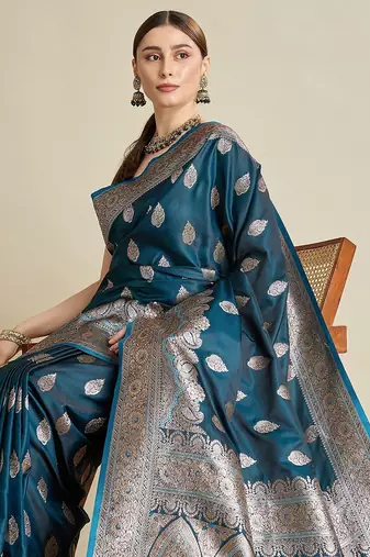 blue satin printed saree with blouse