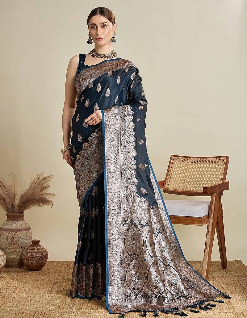 dark blue satin printed saree with blouse