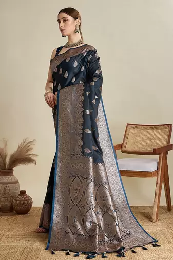 dark blue satin printed saree with blouse