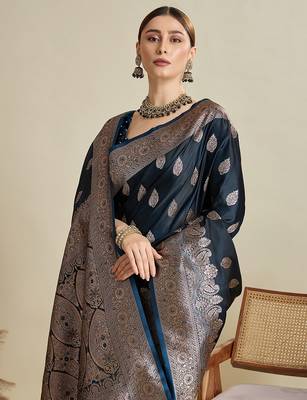dark blue satin printed saree with blouse 4