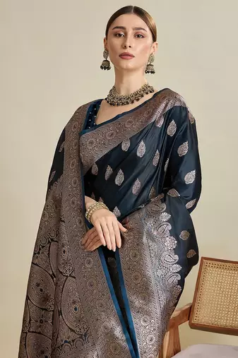 dark blue satin printed saree with blouse