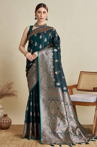 green satin printed saree with blouse