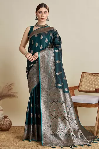 green satin printed saree with blouse