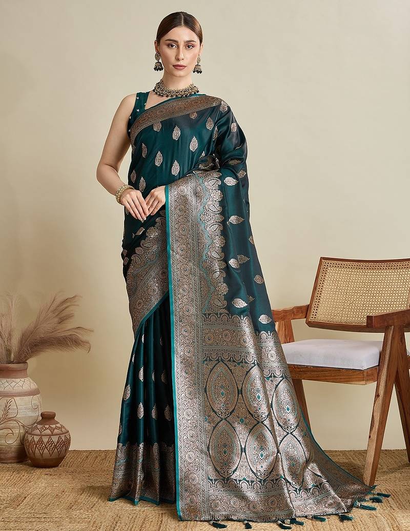 green satin printed saree with blouse