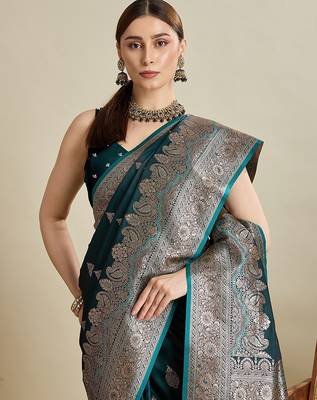 green satin printed saree with blouse 4