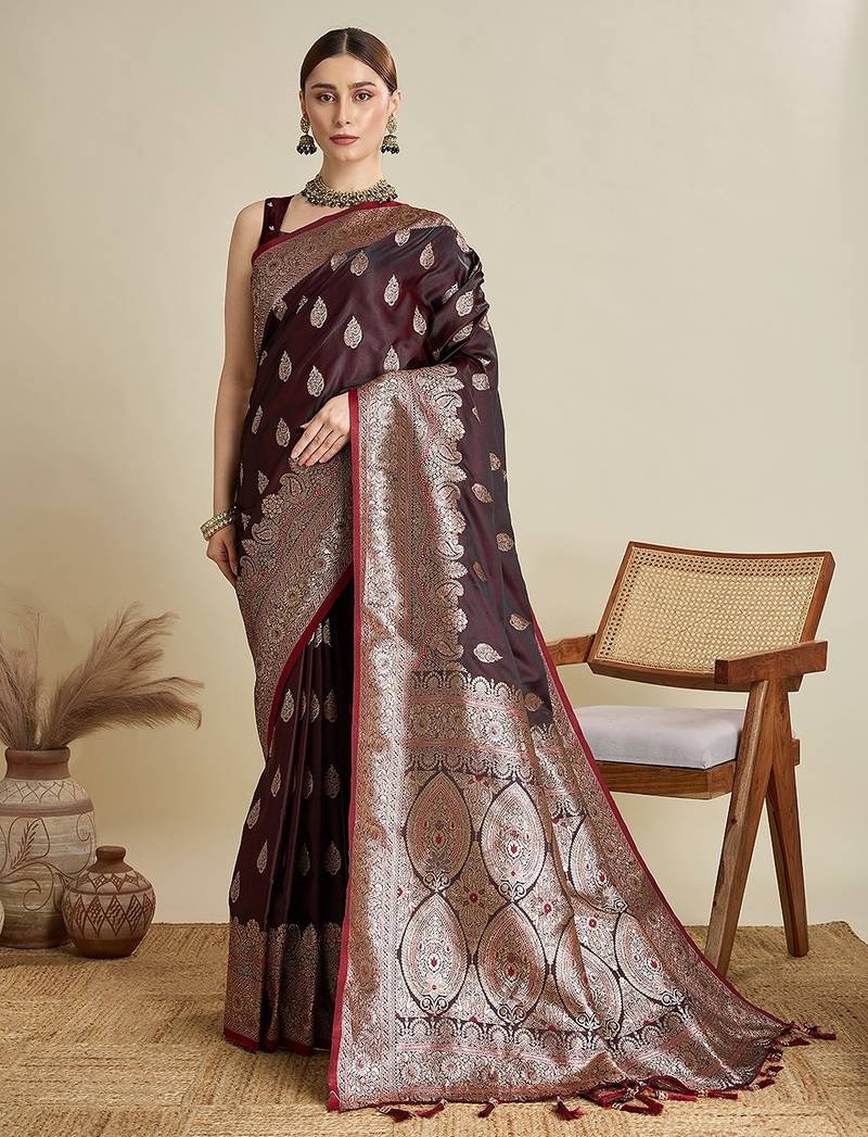 maroon satin printed saree with blouse