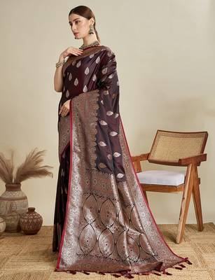 maroon satin printed saree with blouse 2