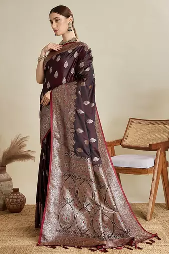maroon satin printed saree with blouse