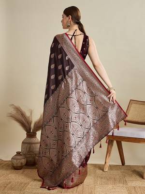 maroon satin printed saree with blouse 3
