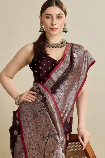 maroon satin printed saree with blouse