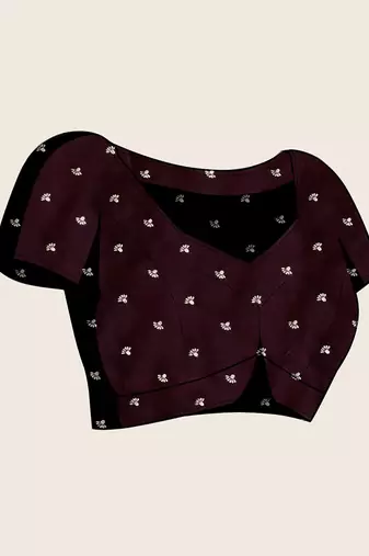 maroon satin printed saree with blouse