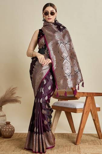 purple satin printed saree with blouse