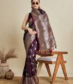 purple satin printed saree with blouse