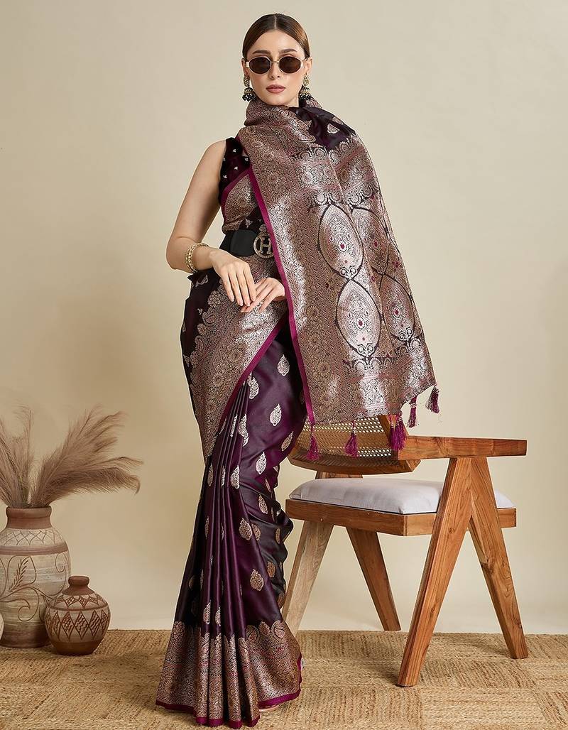 purple satin printed saree with blouse