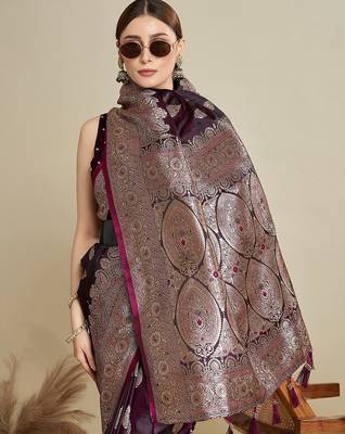 purple satin printed saree with blouse 2